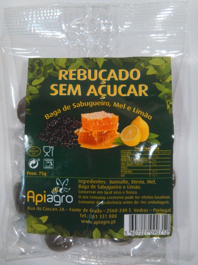 Pacote de rebuçado sem açúcar da Apiagro com sabor a mel, limão e baga de sabugueiro