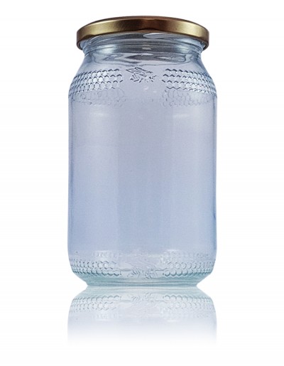 Frasco de vidro transparente com tampa metálica dourada