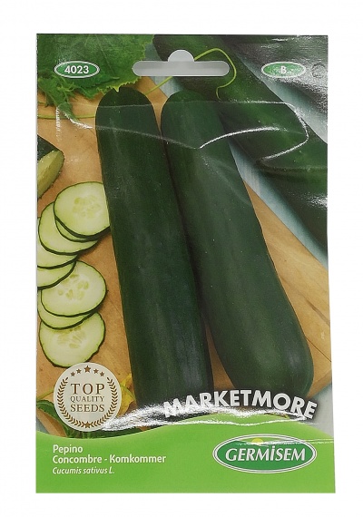 Pacote de sementes de pepino Marketmore Germisem com imagem de pepinos e fatias sobre madeira