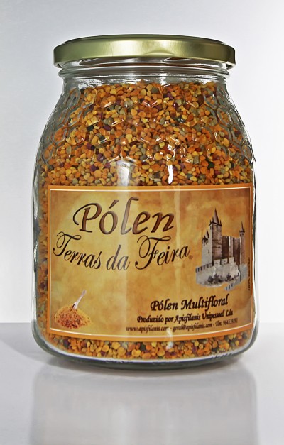 Frasco de pólen multifloral em vidro com rótulo amarelo e tampa dourada