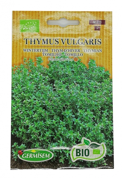 Pacote de sementes de Thymus vulgaris com imagem de planta verde e texto em várias línguas