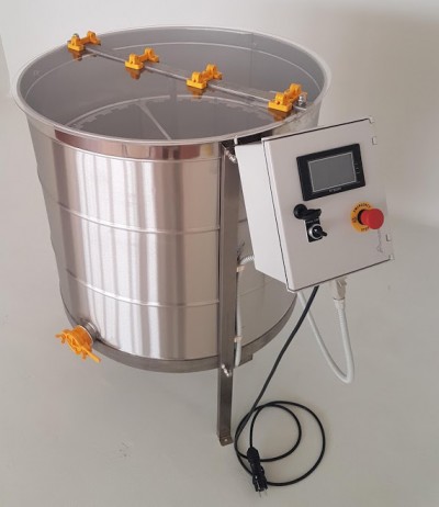 Máquina cilíndrica metálica com painel de controlo e cabo