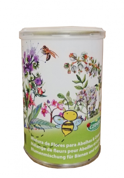 Lata decorativa com ilustrações de flores e abelha para mistura de flores para abelhas