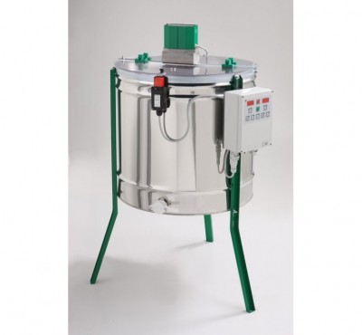 Máquina de aço inoxidável com pernas e componentes verdes e painel de controlo branco