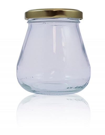 Frasco de vidro transparente com tampa metálica dourada