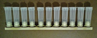 Doze tubos de plástico transparentes com tampas cinzentas alinhados numa base de madeira clara