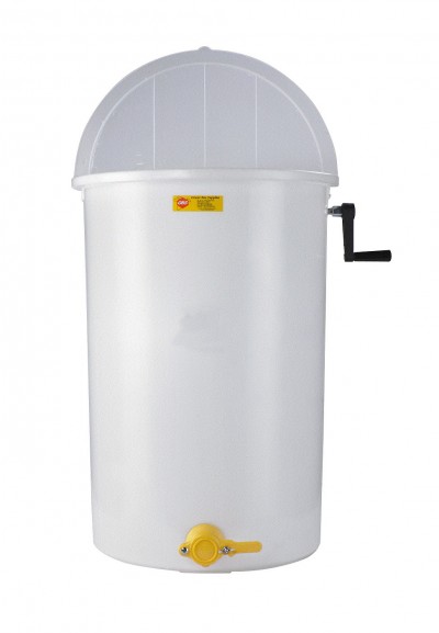 Recipiente plástico branco cilíndrico com tampa, alavanca lateral preta e torneira amarela