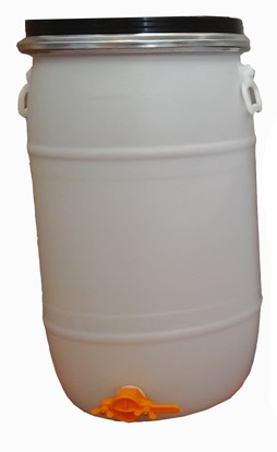 Barril de plástico branco com tampa preta e torneira amarela