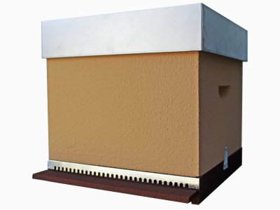 Colmeia de abelhas castanha clara com tampa branca e base preta