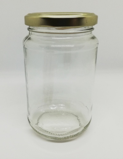 Frasco de vidro transparente com tampa dourada