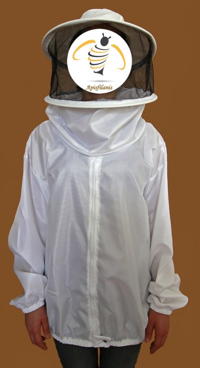 Casaco branco de apicultor com véu em malha preta e chapéu com logótipo
