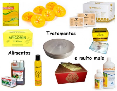 Produtos para apicultura e tratamentos diversos organizados em fundo branco