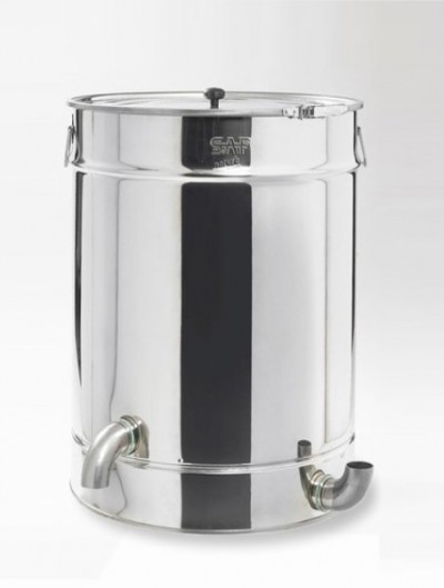 Recipiente cilíndrico em aço inoxidável com tampa sobre fundo branco