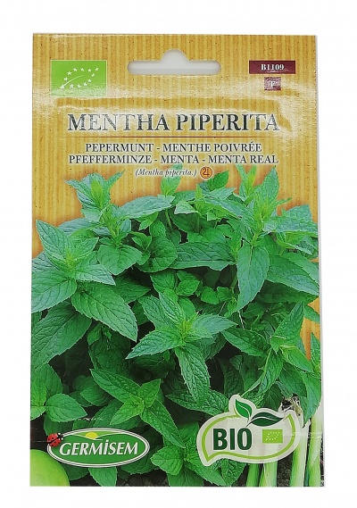 Pacote de sementes de Mentha Piperita com selo BIO e imagem da planta