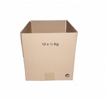 Caixa de cartão castanha com texto 12 x ½ Kg