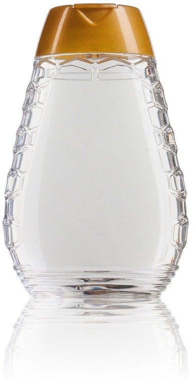 Frasco de plástico transparente com tampa dourada e textura facetada nas laterais.