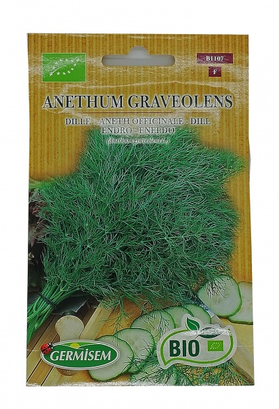 Pacote de sementes de aneto com imagem da planta e pepinos