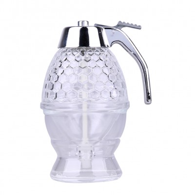 Frasco para mel em vidro transparente com tampa e pega metálica prateada