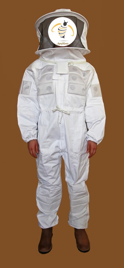 Macacão branco de proteção para apicultura com rede na parte superior e logotipo Apisflanis