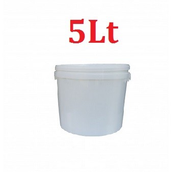 Balde branco de plástico com capacidade de 5 litros e texto vermelho 5Lt