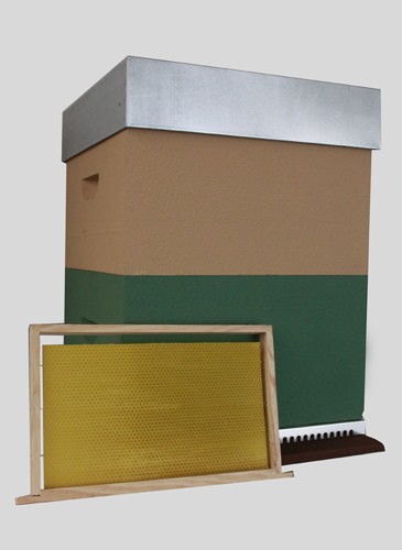 Caixa de colmeia bege e verde com tampa metálica e quadro de cera amarela