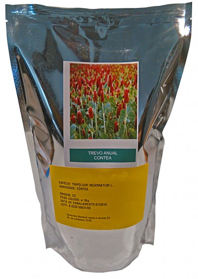 Embala prateada com rótulo de trevo anual Contea e informações de embalagem