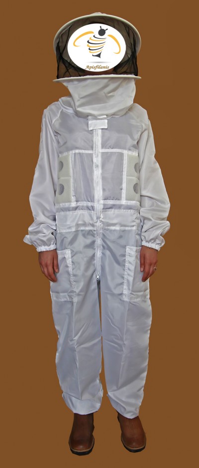 Fato de apicultura branco com máscara preta e logótipo de abelha Apisflanis