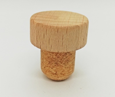 Rolha com parte superior em madeira clara e base de cortiça castanha
