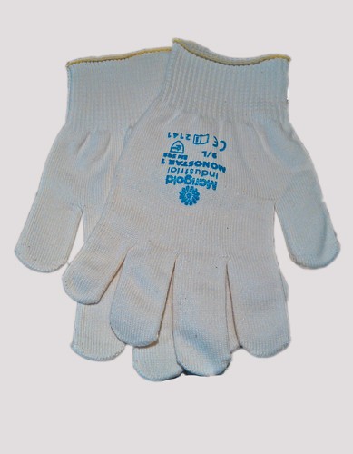 Par de luvas de trabalho brancas com texto azul impresso na parte traseira