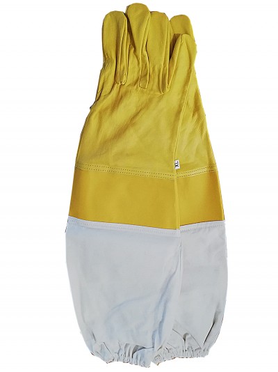 Luvas de proteção amarelas e brancas com punhos alongados e elásticos