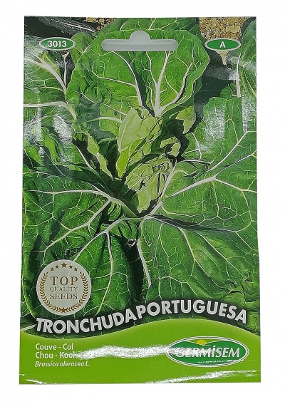 Pacote verde de sementes para Tronchuda Portuguesa com imagem de planta verde e texto branco e verde