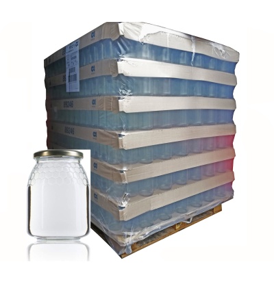 Frascos de vidro com tampa metálica dourada empilhados em palete