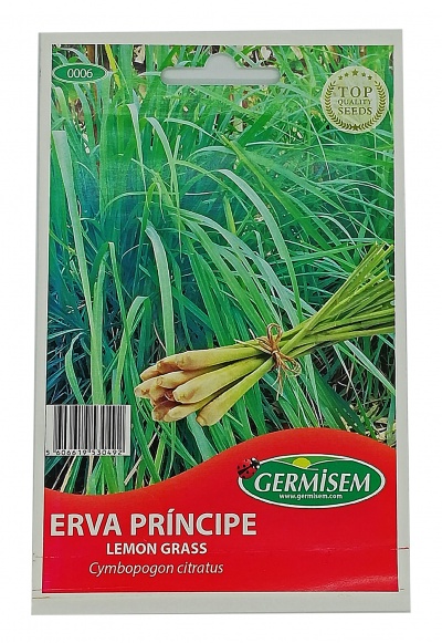 Pacote de sementes de Erva Príncipe (Lemon Grass) da marca GERMISEM com imagem da planta e feixe amarrado