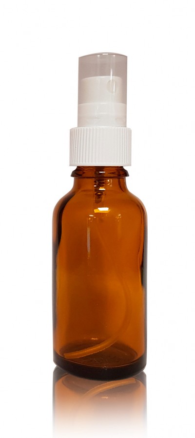 Frasco spray âmbar de vidro com tampa de plástico branca