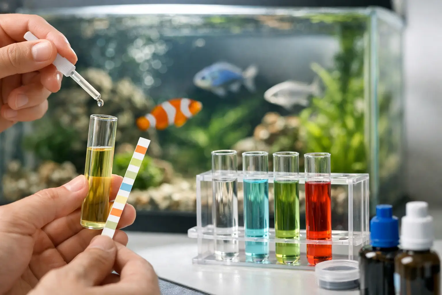 Kit de teste de qualidade de água com tubos de ensaio coloridos e tiras indicadoras em frente a um aquário com peixes.