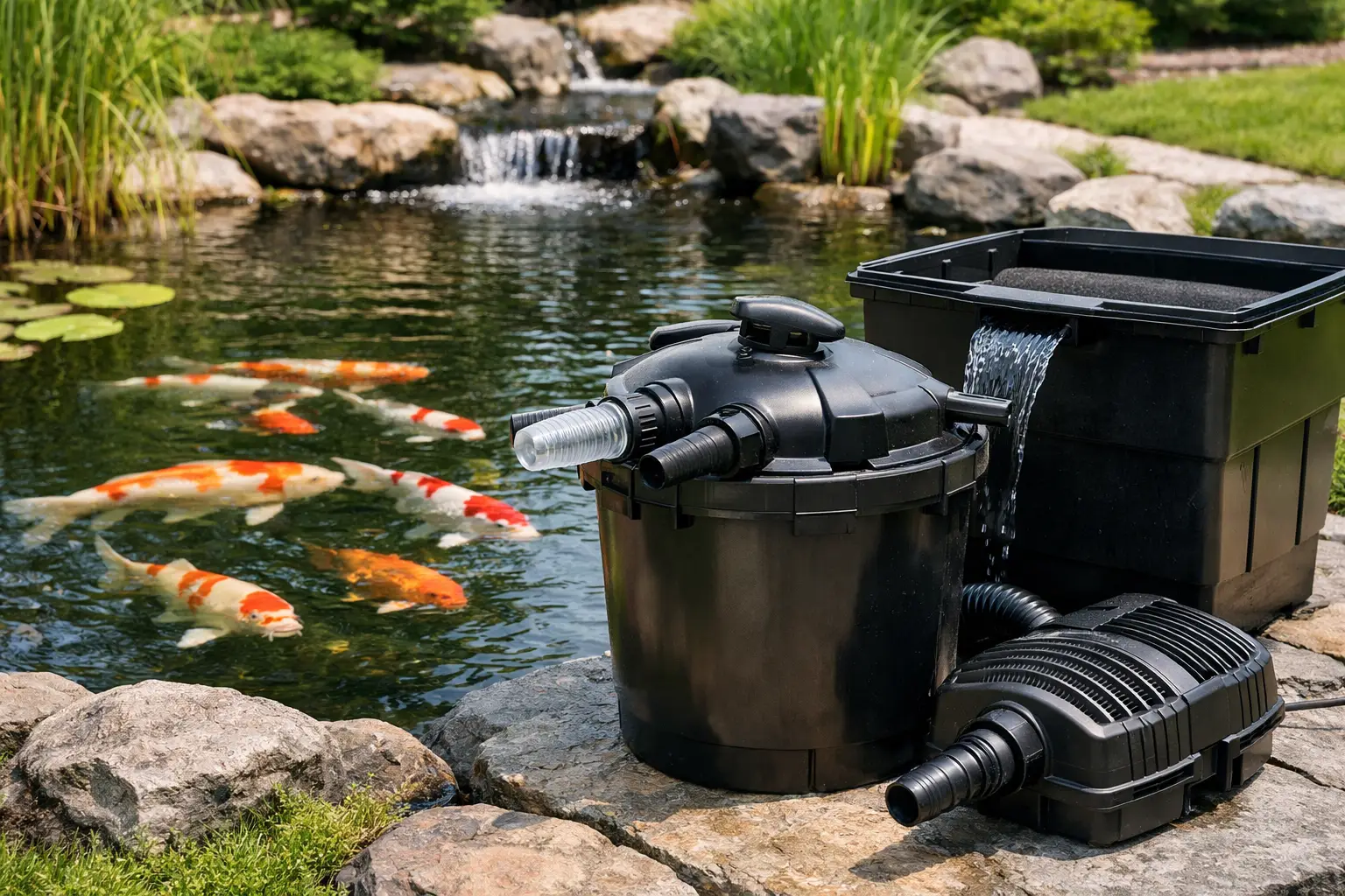 Filtro para lago preto ao lado de lago com peixes koi e pedras.