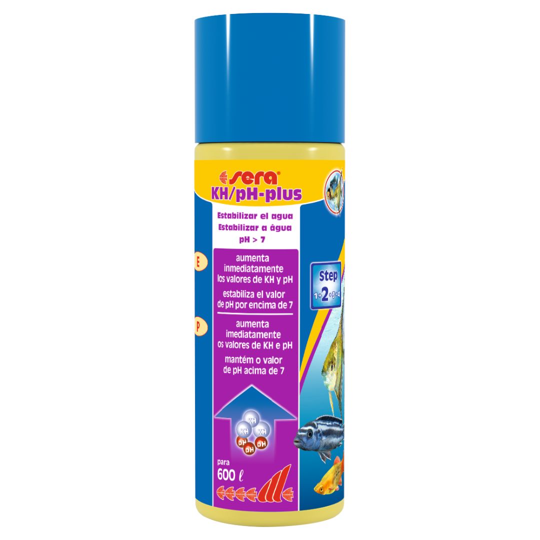 sera KH/pH-plus - aumenta KH e pH Frasco plástico azul e amarelo do produto Sera KH/pH-plus para aquários com peixes.