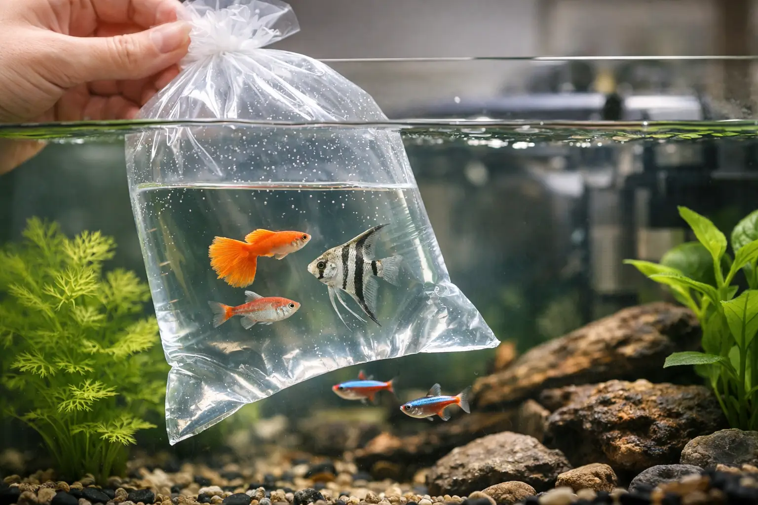 Peixes de aquário dentro de saco plástico transparente em aquário com plantas e pedras