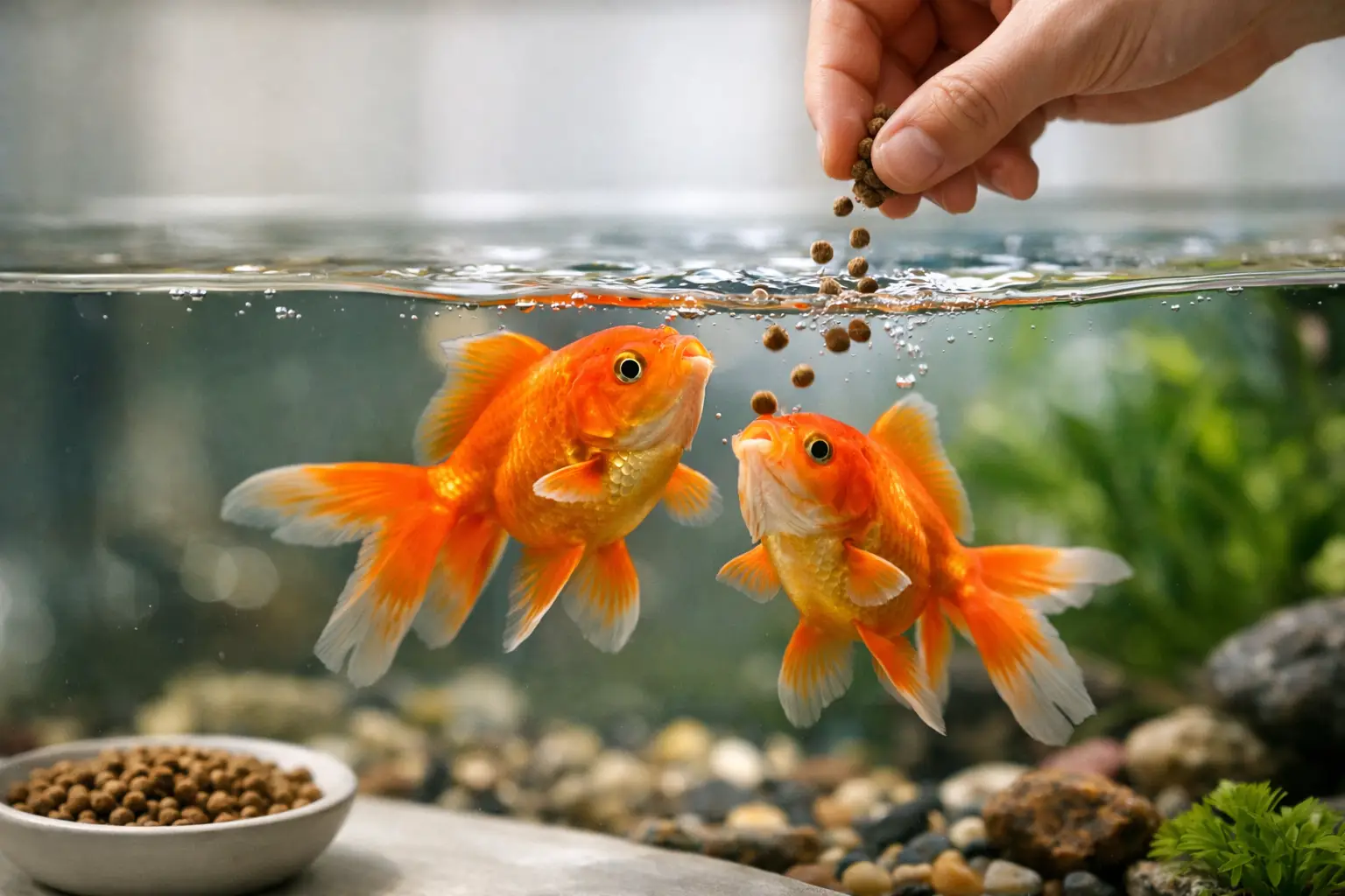 Dois peixes dourados num aquário a serem alimentados com pelotas