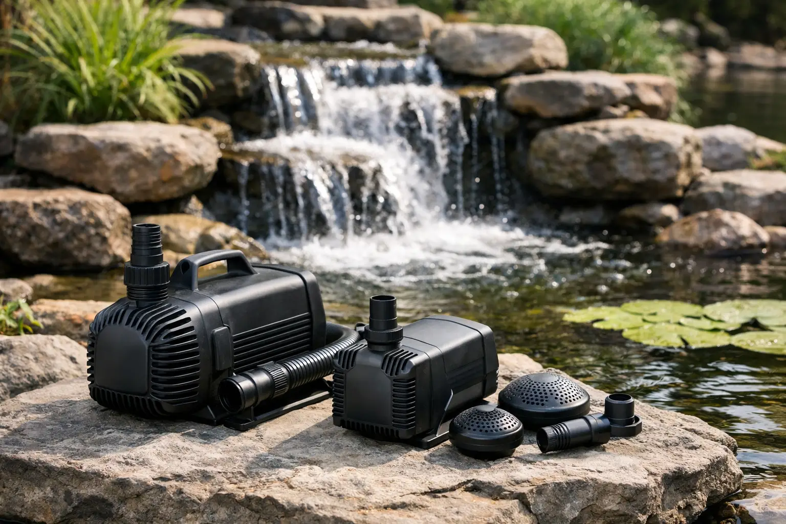 Bombas de água pretas e acessórios numa pedra junto a um lago com cascata e plantas aquáticas