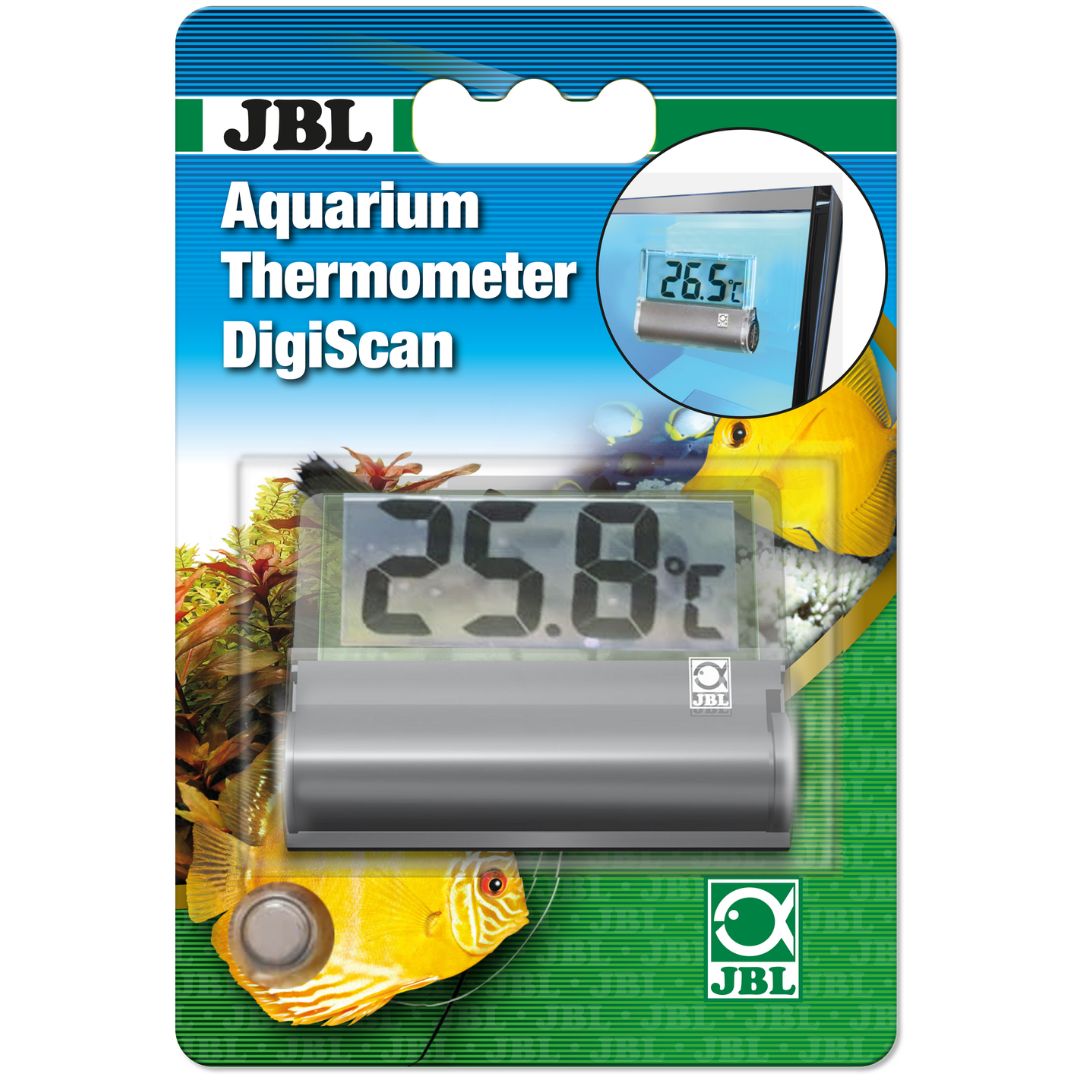 JBL DigiScan - Termómetro digital para aquário Termómetro digital para aquário JBL na embalagem com peixes amarelos e temperatura 25.8°C.