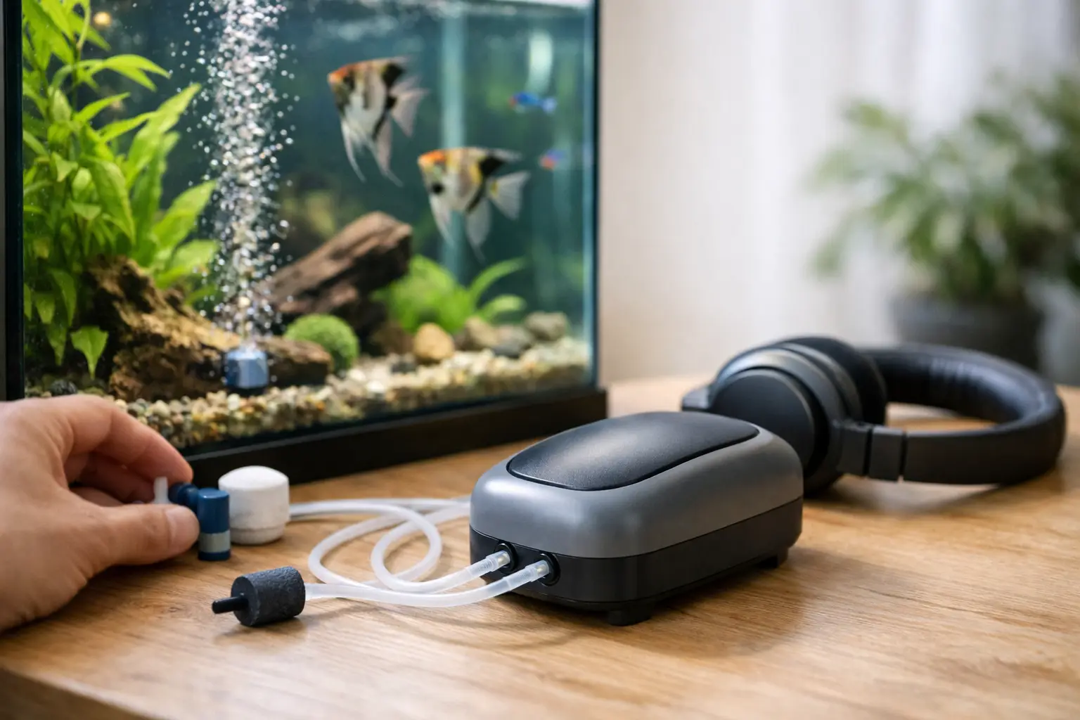 Bomba de ar para aquário com tubos transparentes perto de aquário e auscultadores