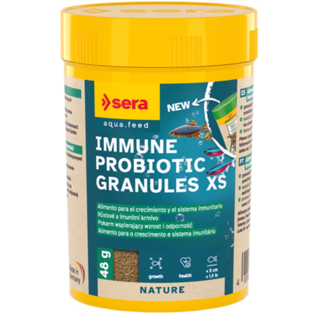 Sera Immune Probiotic Granules XS - alimento probiótico de crescimento Embalagem de granulado para peixe da marca sera com rótulo azul e amarelo
