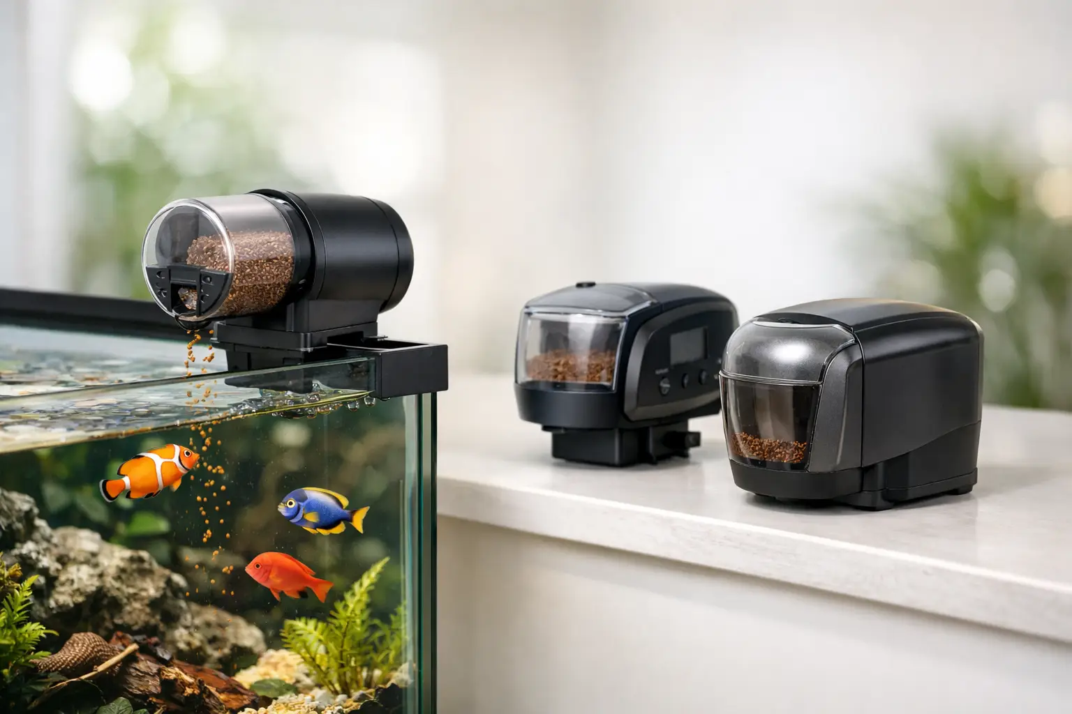 Dispensadores automáticos de comida para peixes em plástico preto junto a um aquário com peixes coloridos