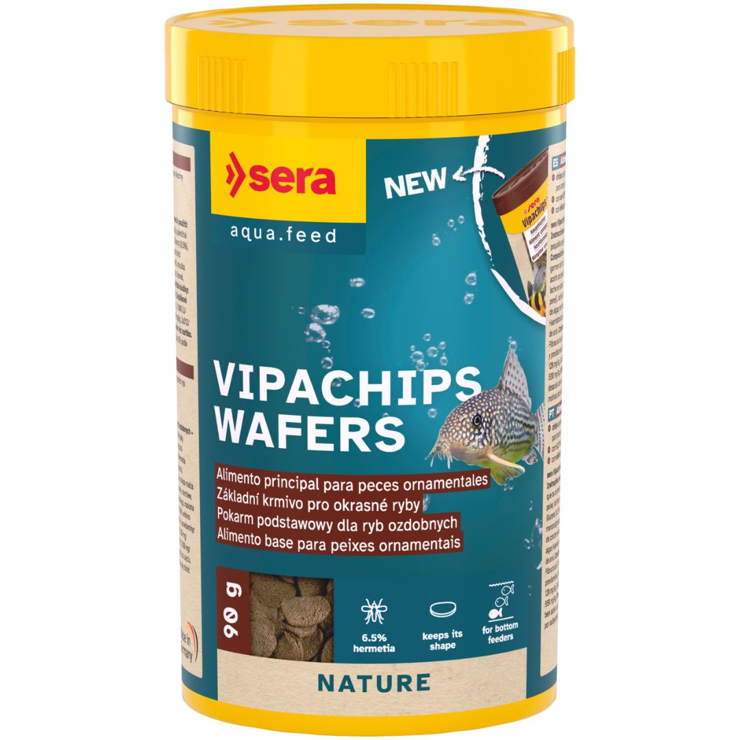 Sera Vipachips Wafers - Alimento principal para peixes de fundo Embalagem amarela de alimento para peixes VIPACHIPS WAFERS da sera aqua.feed.