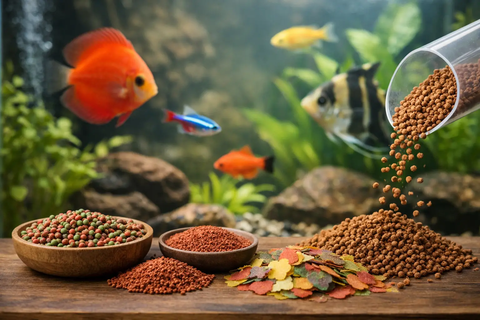 Comida para peixes em tigelas e amontoados com aquário de peixes coloridos ao fundo