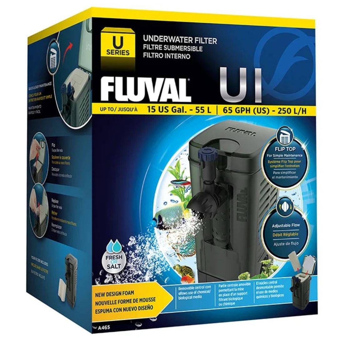 Fluval U1 - Filtro Interno para aquários até 55L Filtro submersível Fluval U1 em embalagem azul e amarela