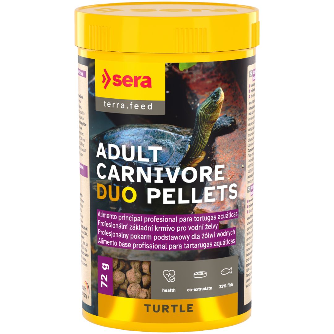 Sera Turtle Adult Carnivore Duo Pellets - Alimento completo para tartarugas aquáticas adultas Embalagem amarela de alimento para tartarugas aquáticas carnívoras