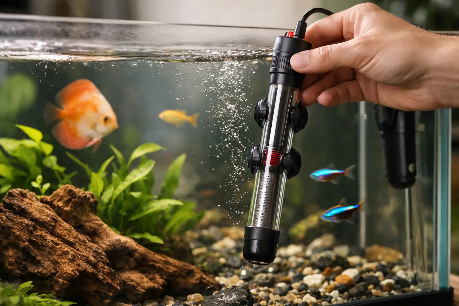 Termómetro submersível num aquário com peixes e plantas aquáticas