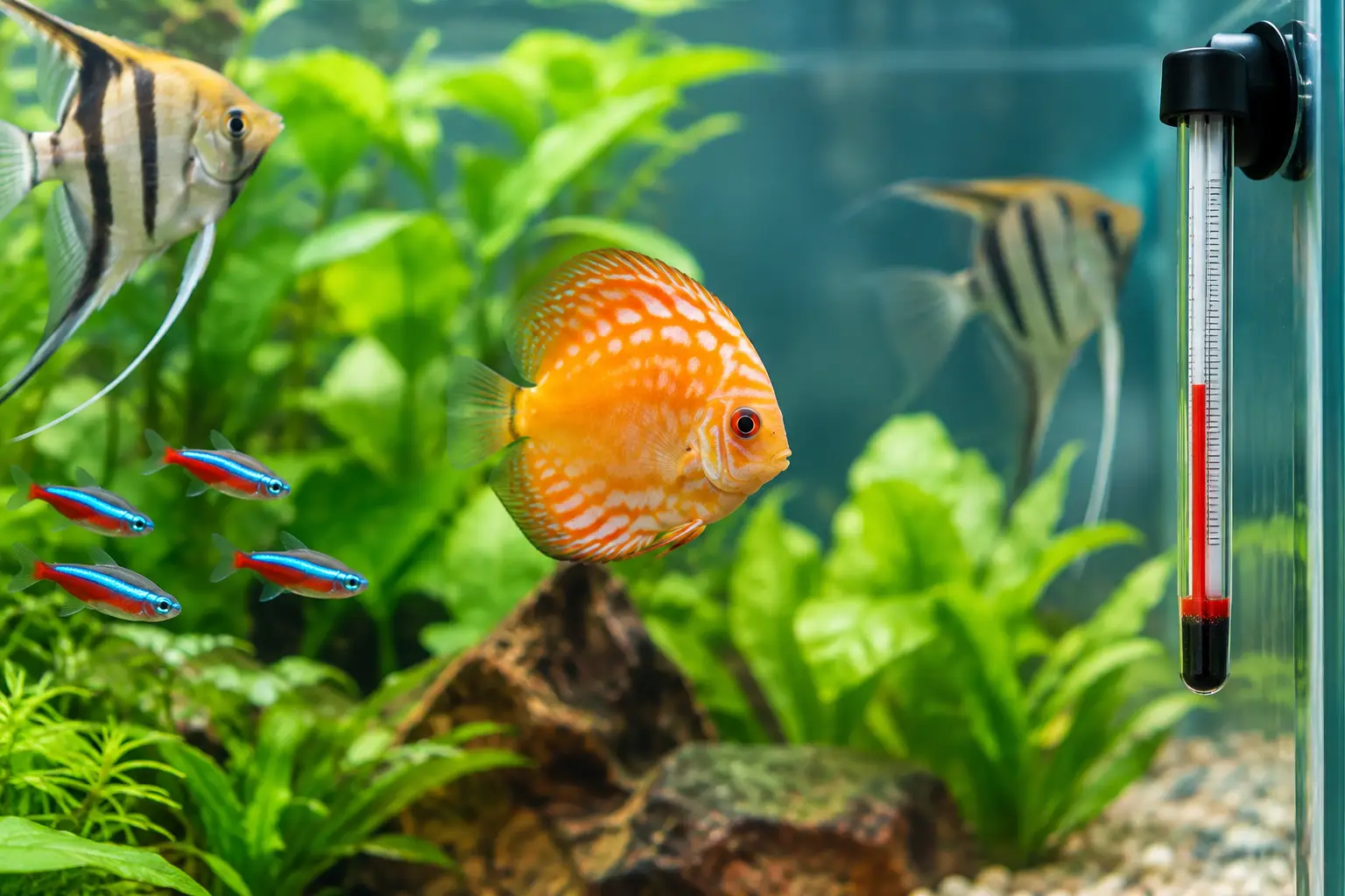 Aquário com peixes coloridos, plantas verdes, pedras e termómetro de vidro na parede do tanque